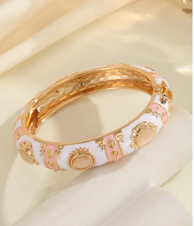 Vintage Enamel Hinge Bangle Bracelet - White