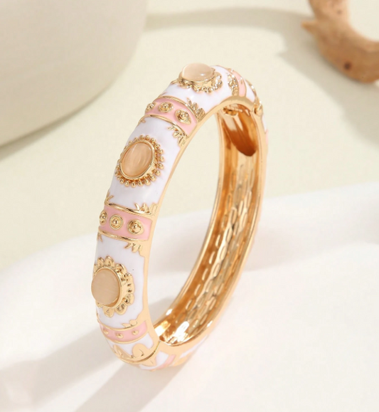 Vintage Enamel Hinge Bangle Bracelet - White