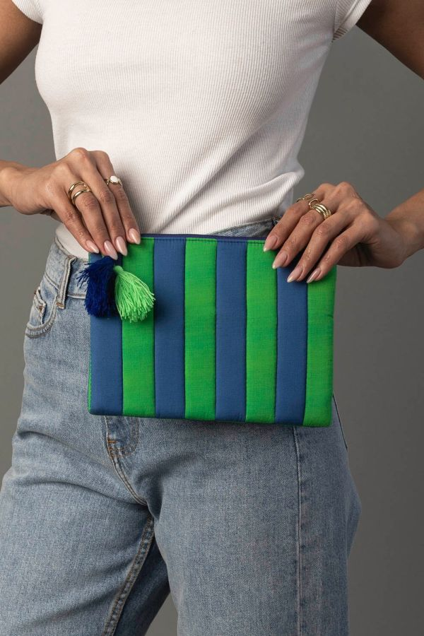 The Blue Citrus Pouch | Blue & Green Striped Tassel Pouch