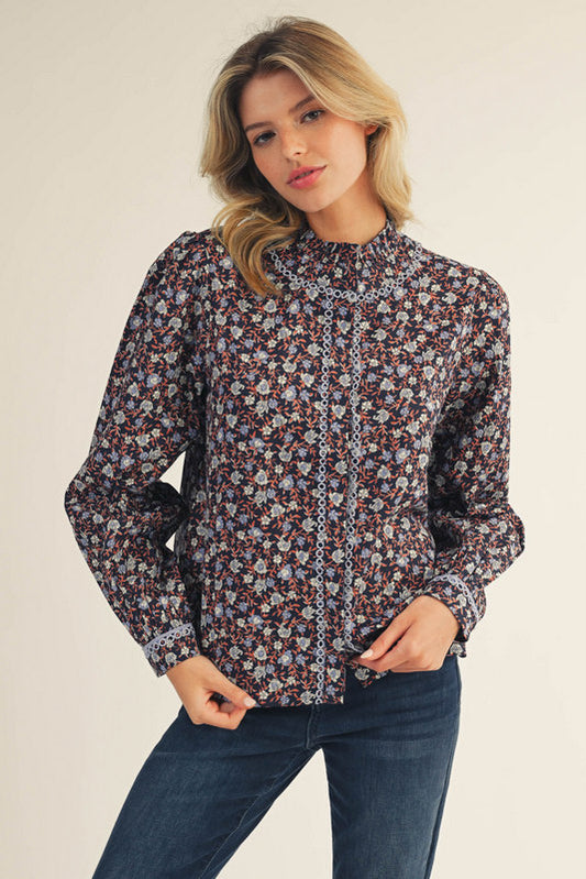 Ditsy Floral Print Button Top - Navy