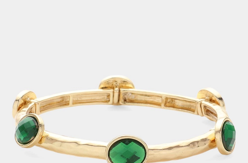 Bella Oval Rhinestone Hammered Stretch Bracelet - Emerald