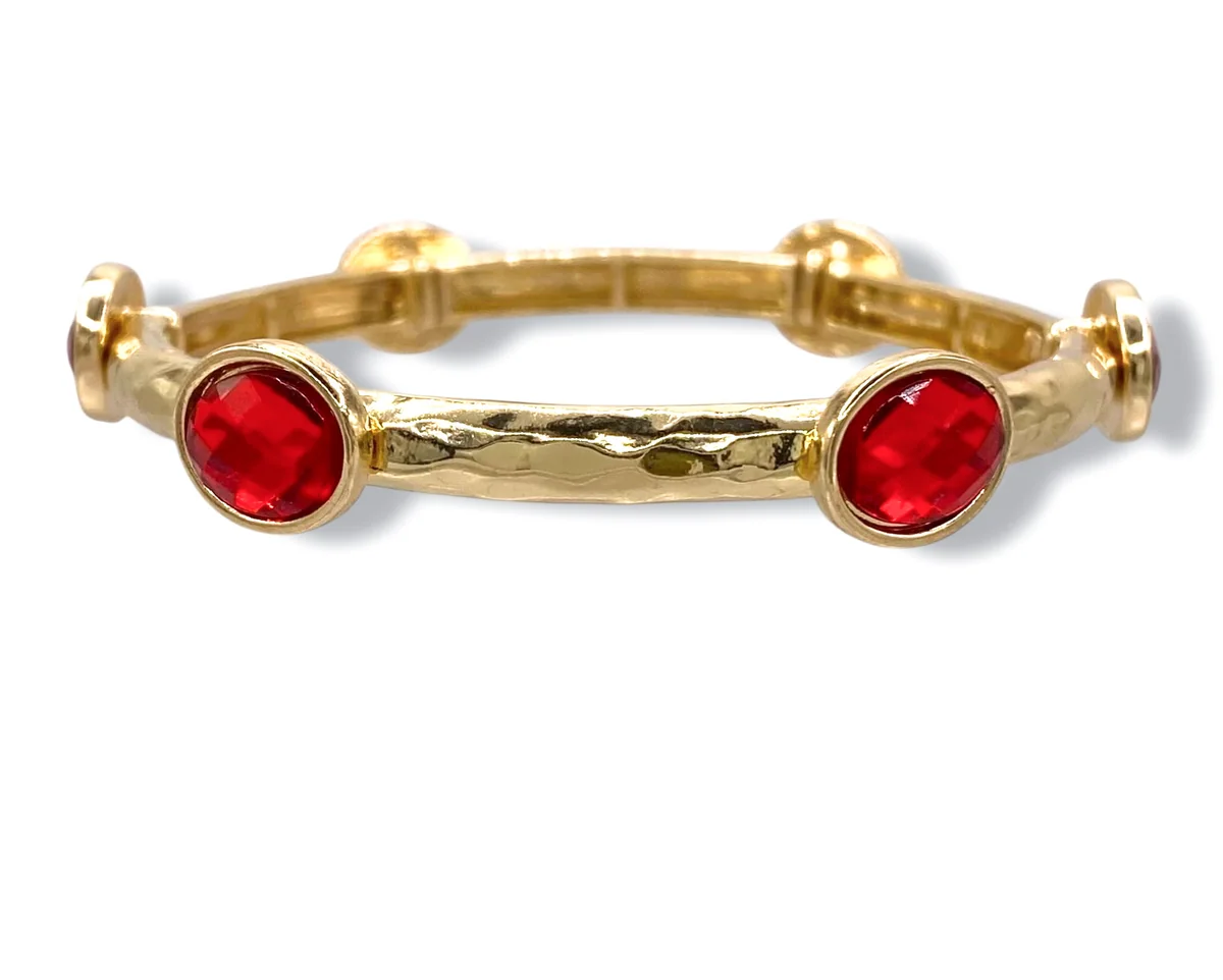 Bella Oval Rhinestone Hammered Stretch Bracelet - Ruby