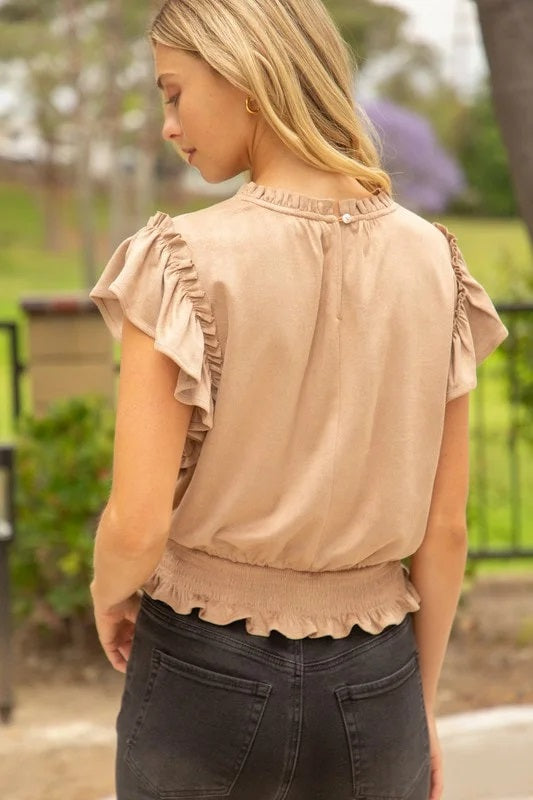 Adalina Smocked Ruffle Suede Top (Taupe)