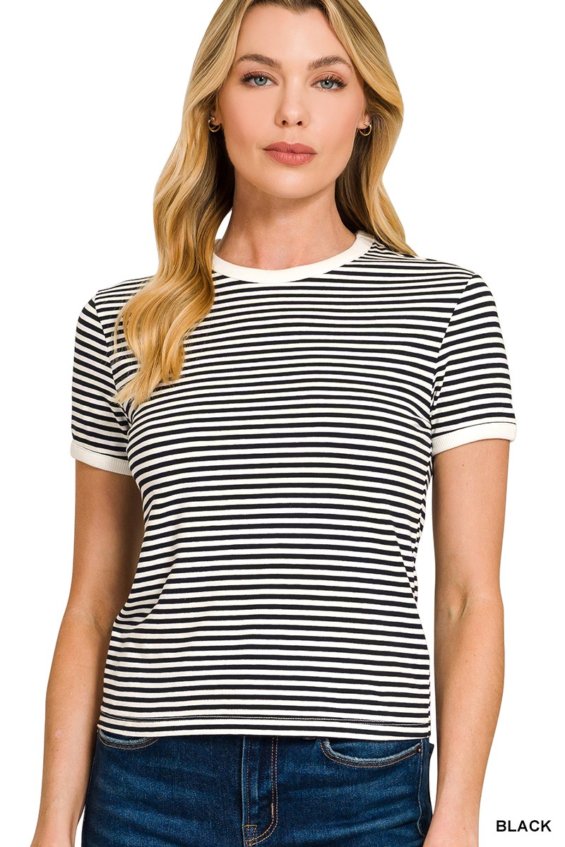 Marly Striped Contrast Trim Tee - Black - Delta Swanky Girl