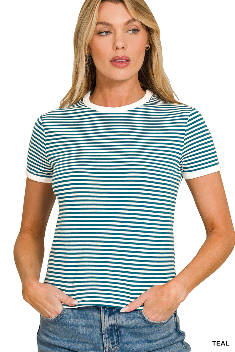Marly Striped Contrast Trim Tee - Teal - Delta Swanky Girl