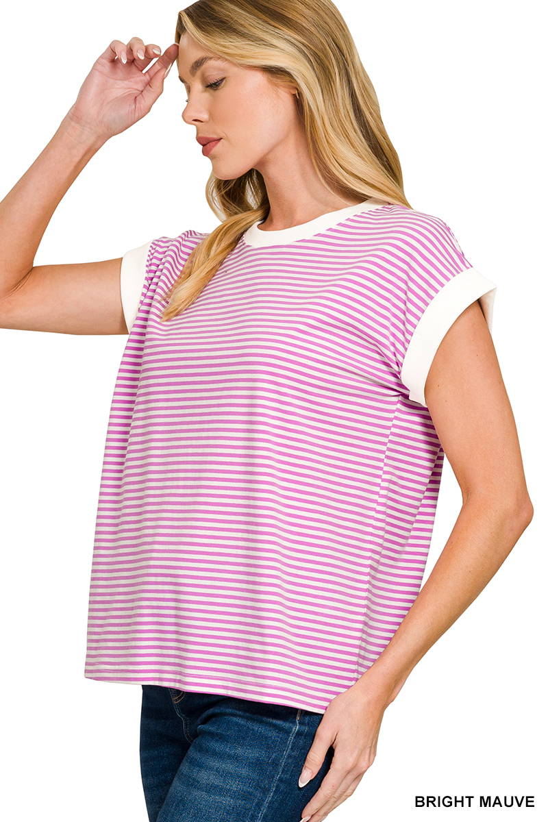 All Day Striped Contrast Trim Tee - Pink - Delta Swanky Girl