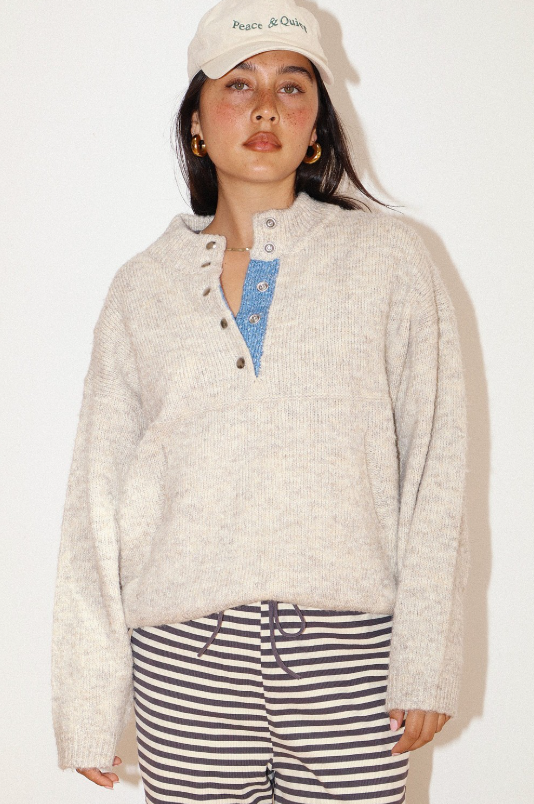 Coastal Two Tone Snap Collar Sweater - Oatmeal - Delta Swanky Girl