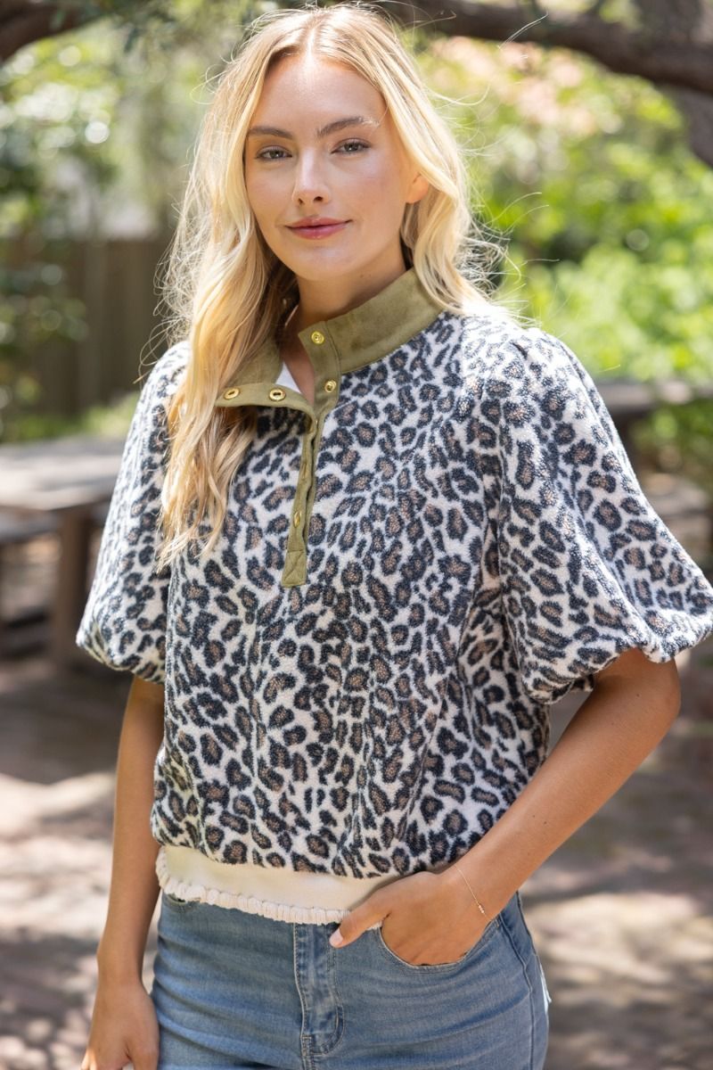 The Wild About Olive Top | Leopard Print Puff Sleeve Pullover