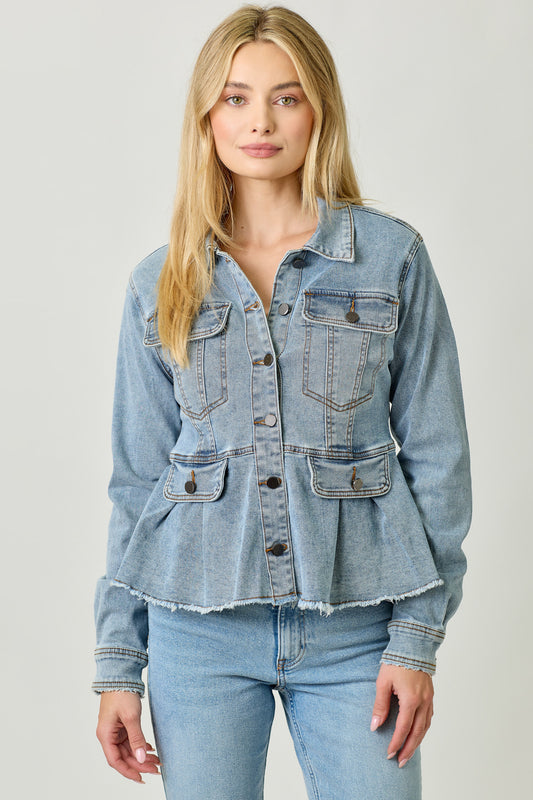 Washed Denim Peplum Jacket - Denim