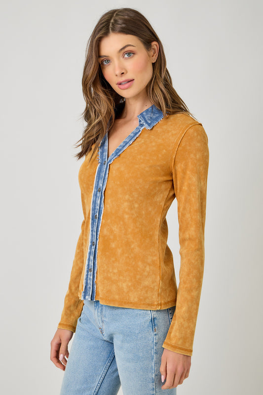 Washed Thermal Button Down Top - Pumpkin
