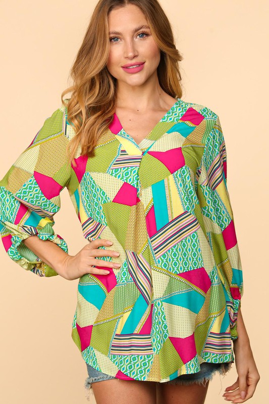 Curvy Key Lime Geometric Print Top