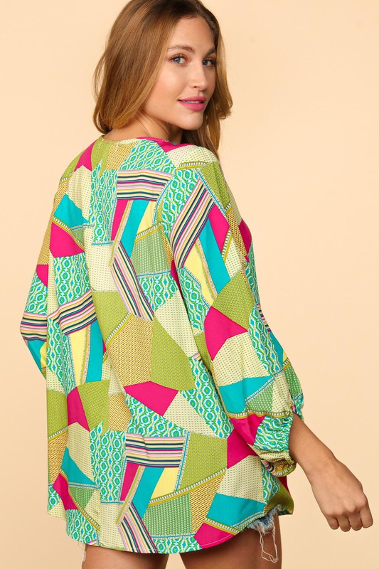 Curvy Key Lime Geometric Print Top
