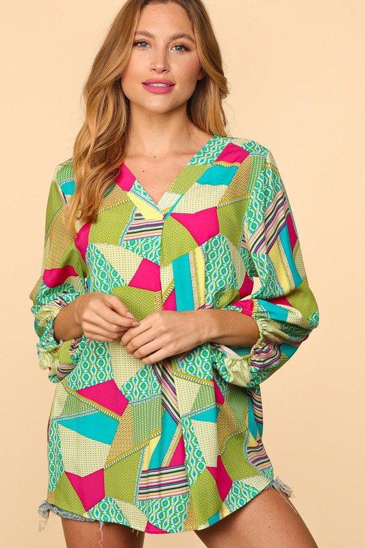 Curvy Key Lime Geometric Print Top