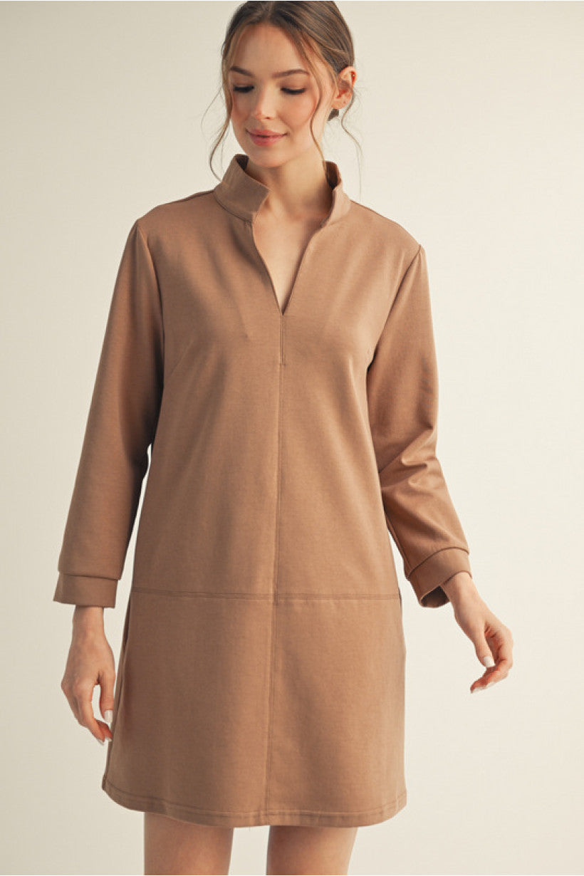 Empire Standing Collar Shift Dress - Mocha