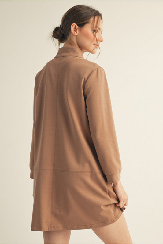 Empire Standing Collar Shift Dress - Mocha