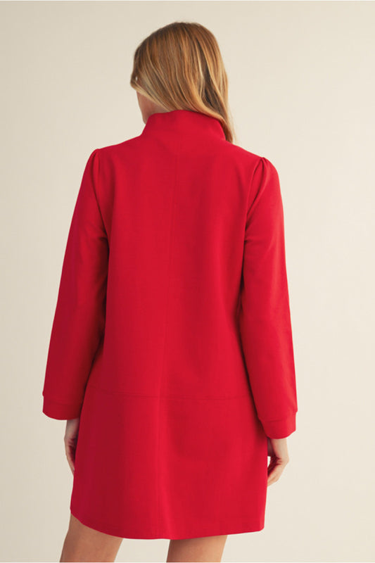Empire Standing Collar Shift Dress - Red