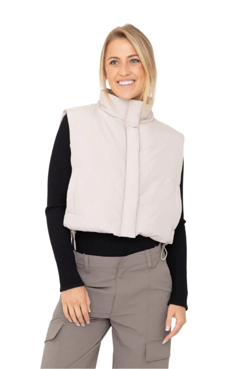 Cropped High Neck Puffer Vest - Natural - Delta Swanky Girl