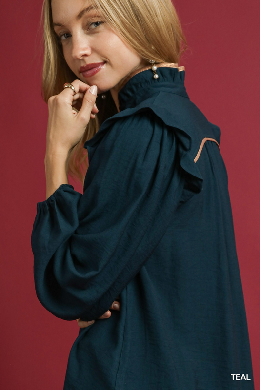 Lennox Piping Detail Ruffle Top - Teal