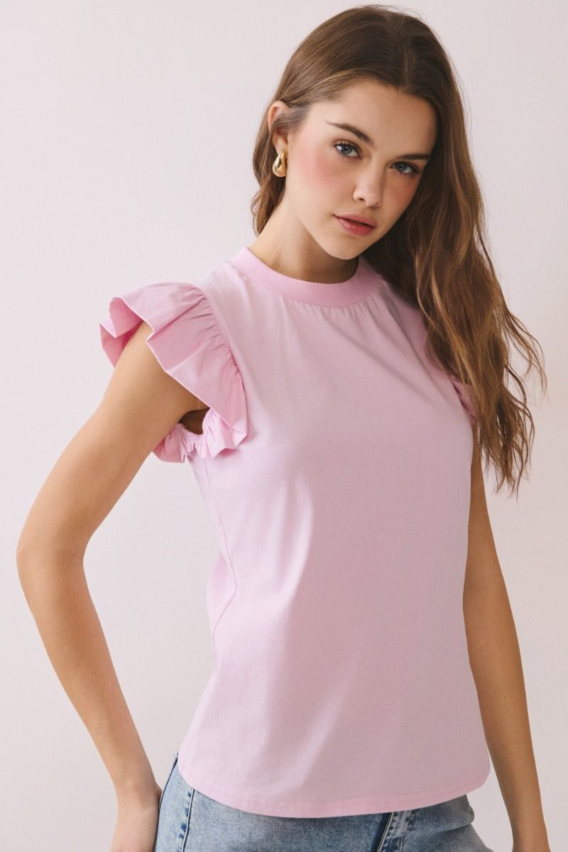 Poplin Ruffle Sleeve Top - Pink