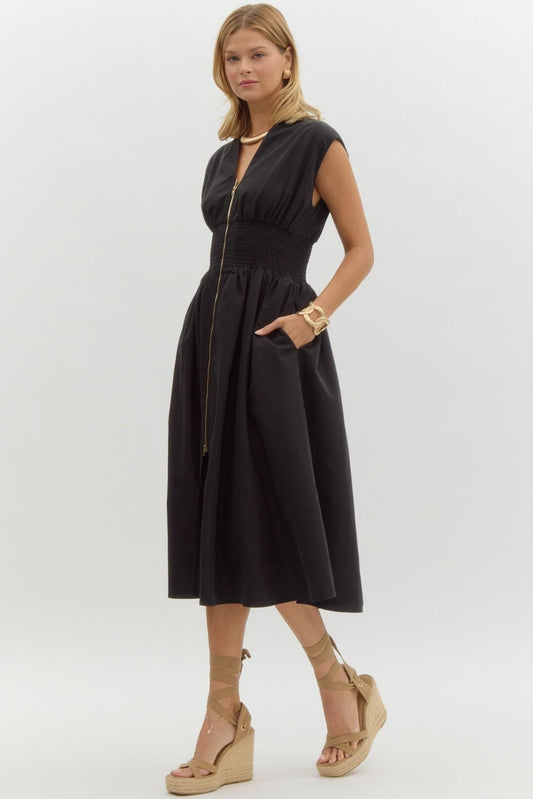 Evette Zip Front Midi Dress (Black)