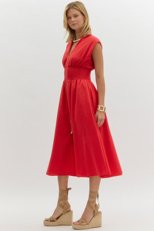 Evette Zip Front Midi Dress (Red)