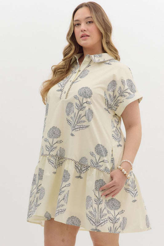 Curvy Ivory Summer Floral Embroidered Dress - Cream