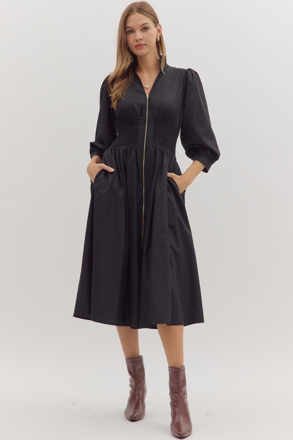 First Glance Smocked Zipper Midi Dress - Black - Delta Swanky Girl