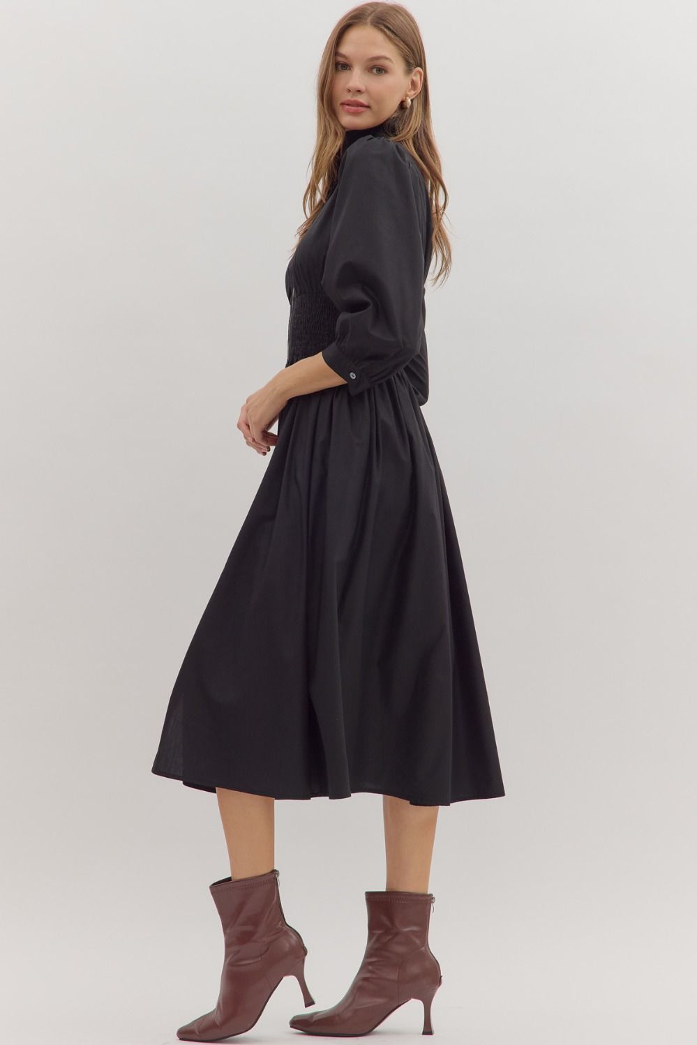 First Glance Smocked Zipper Midi Dress - Black - Delta Swanky Girl