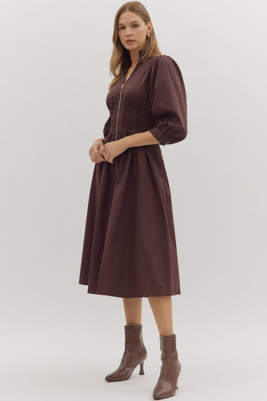 First Glance Smocked Zipper Midi Dress - Chocolate