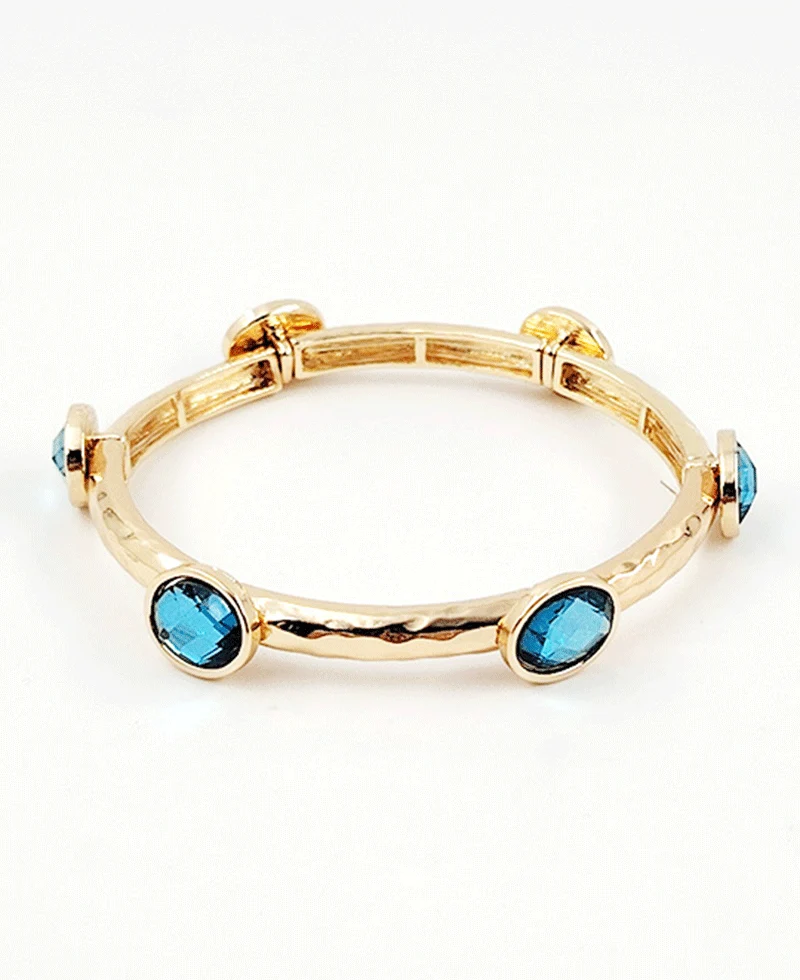 Bella Oval Rhinestone Hammered Stretch Bracelet - Aqua