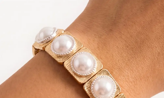 Golden Pearl Square Tile Stretch Bracelet