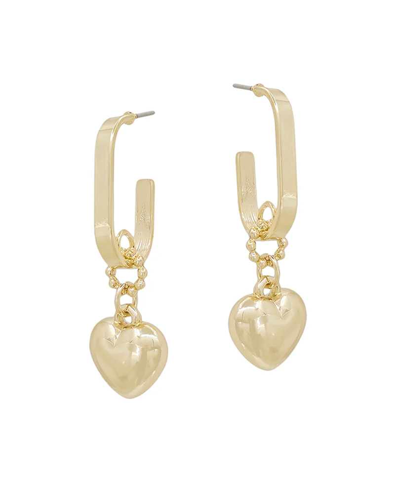 Puffy Heart Dangle Hoop Earring - Gold
