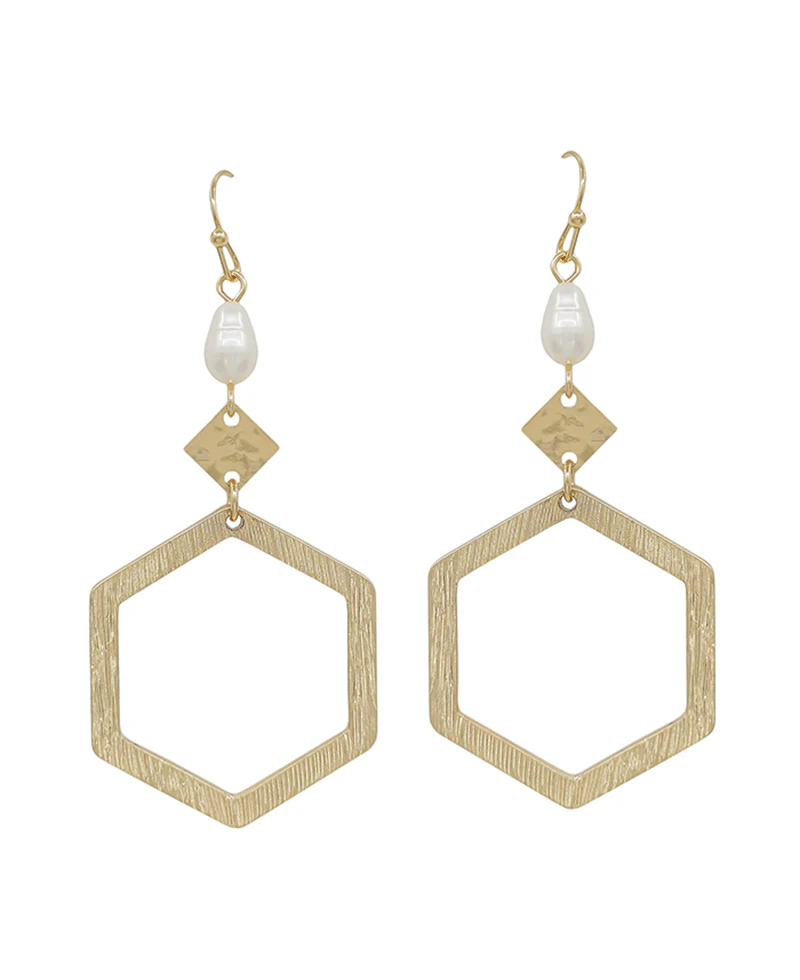 Satin Brushed Gold Open Hexagon Earring - Gold