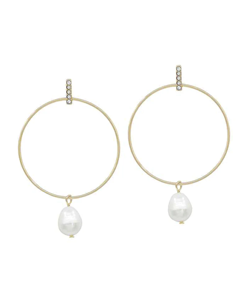 Freshwater Pearl Drop Hoop Earring - Gold