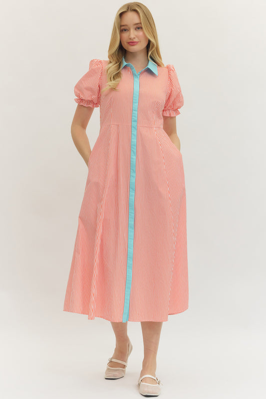 Striped Poplin Button Up Dress - Orange - Delta Swanky Girl
