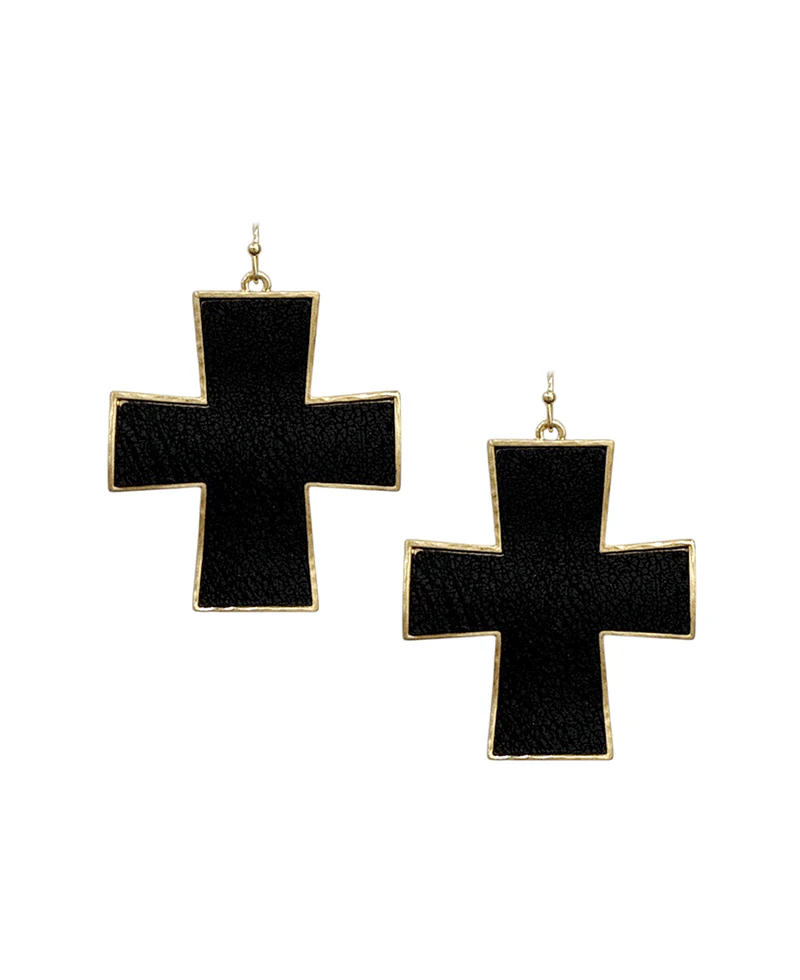 Gold Trimmed Leather Cross Earrings - Black