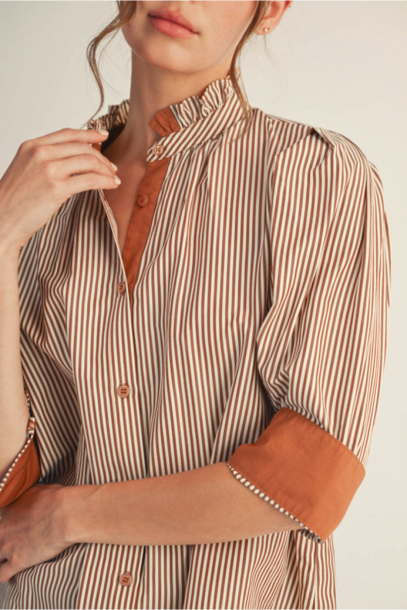 Piper Ruffle Neck Striped Top - Mocha