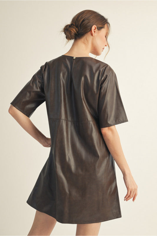 Hilde Leather A-line Mini Dress - Brown