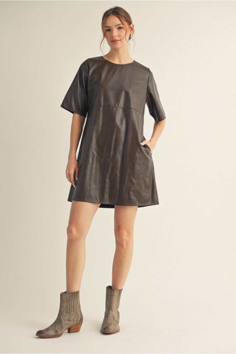Hilde Leather A-line Mini Dress - Brown