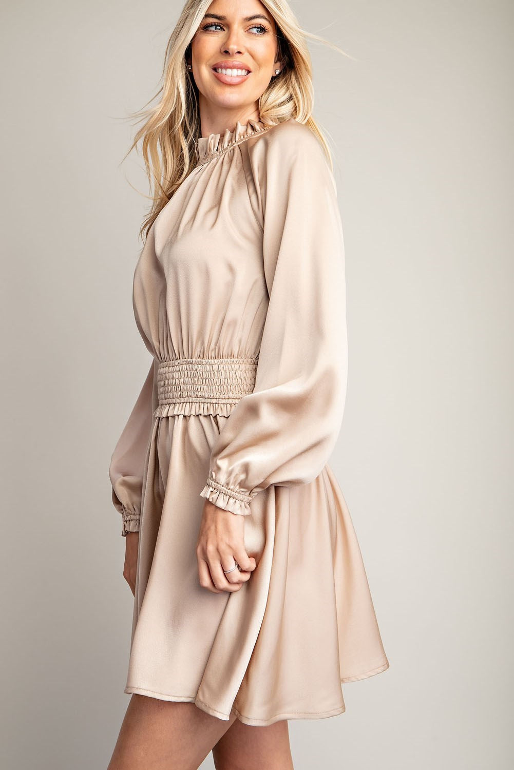 Angelica Long Sleeve Satin Dress (Taupe)