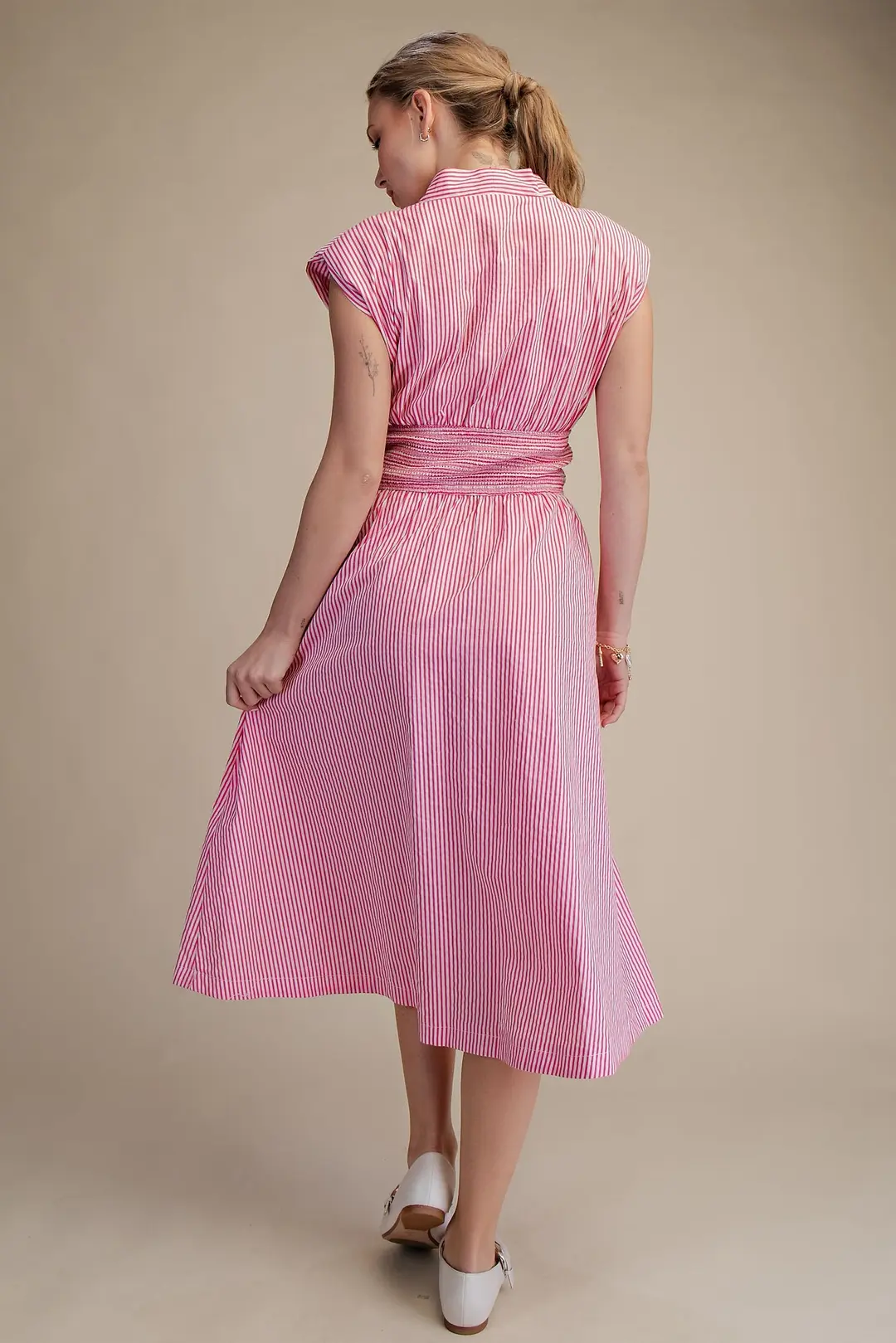 Evette Striped Zip Front Midi Dress - Pink - Delta Swanky Girl