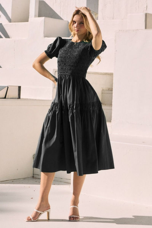 Sophie Smocked Midi Dress (Black)