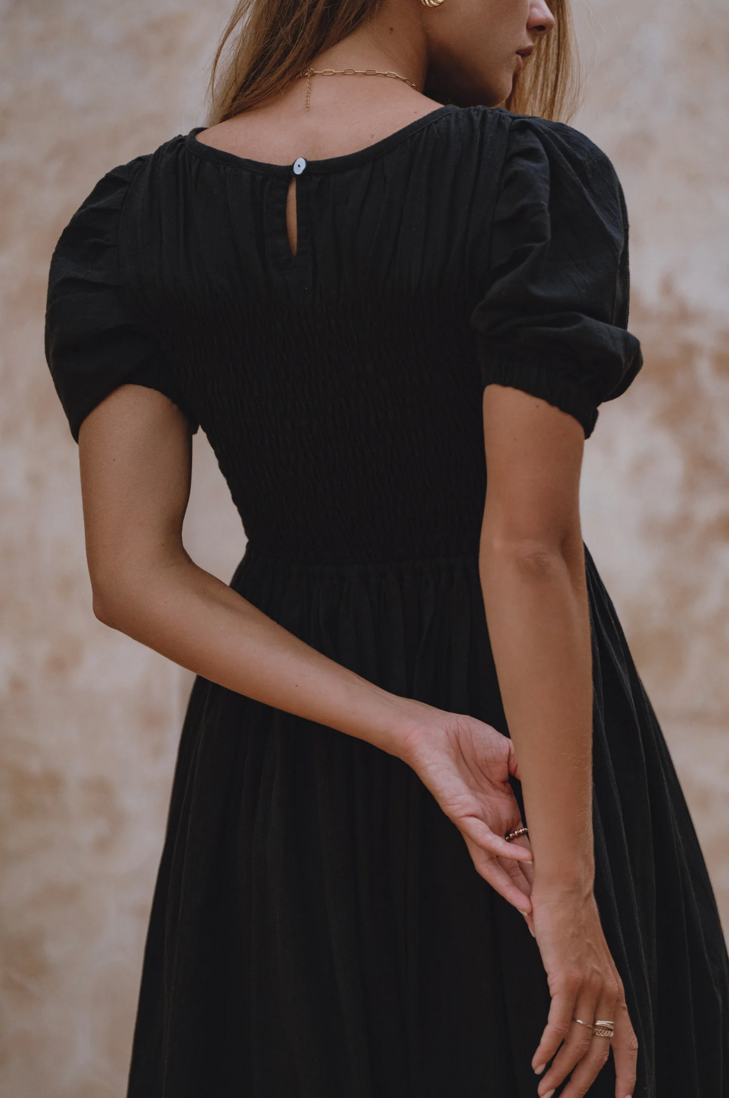 Sophie Smocked Midi Dress (Black)