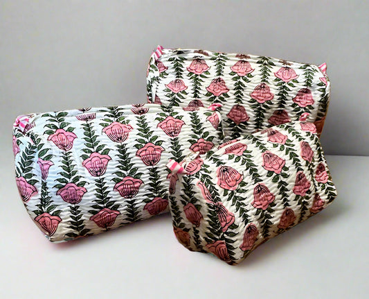 Quilted Cosmetic Bag - White Vine - Small