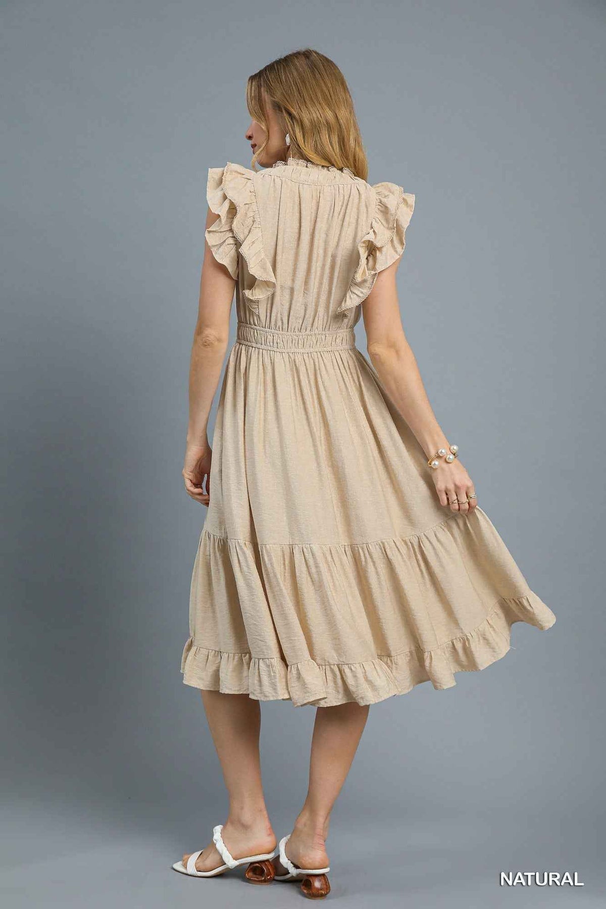 Taking Chances Ruffled Midi Dress - Natural
