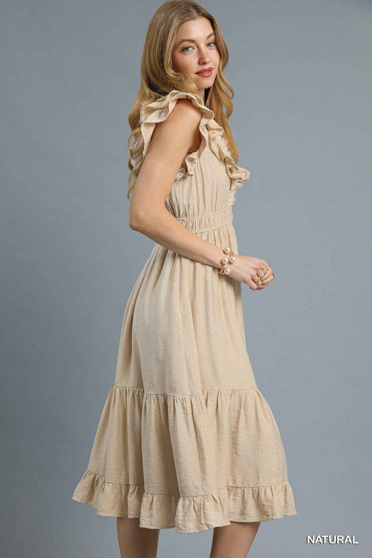 Taking Chances Ruffled Midi Dress - Natural