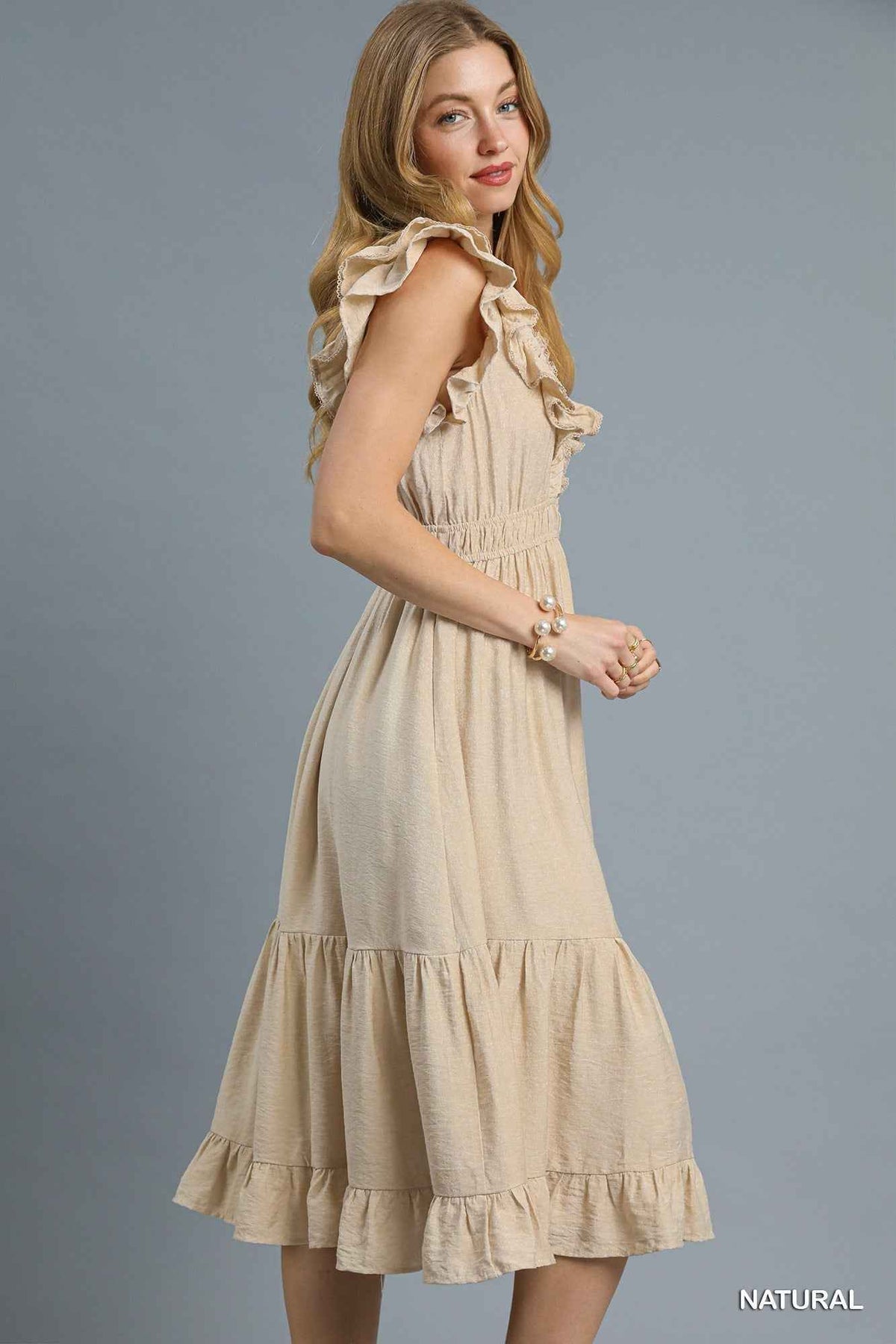 Taking Chances Ruffled Midi Dress - Natural