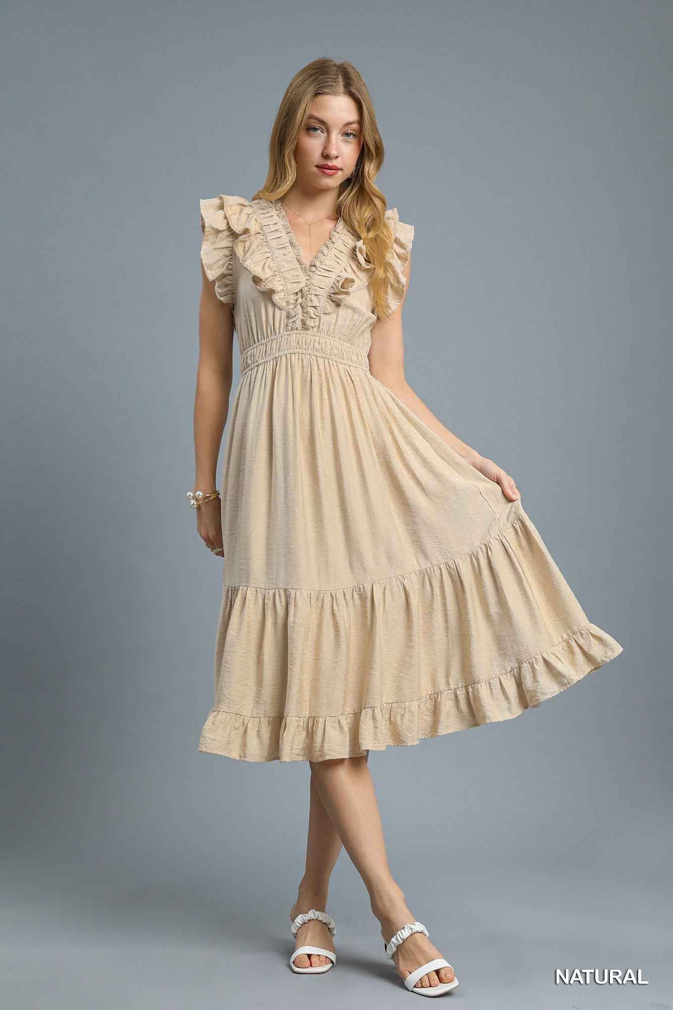 Taking Chances Ruffled Midi Dress - Natural