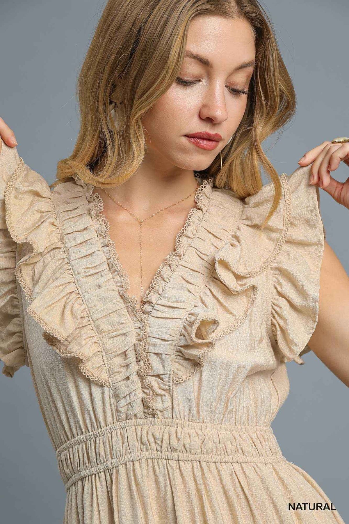 Taking Chances Ruffled Midi Dress - Natural