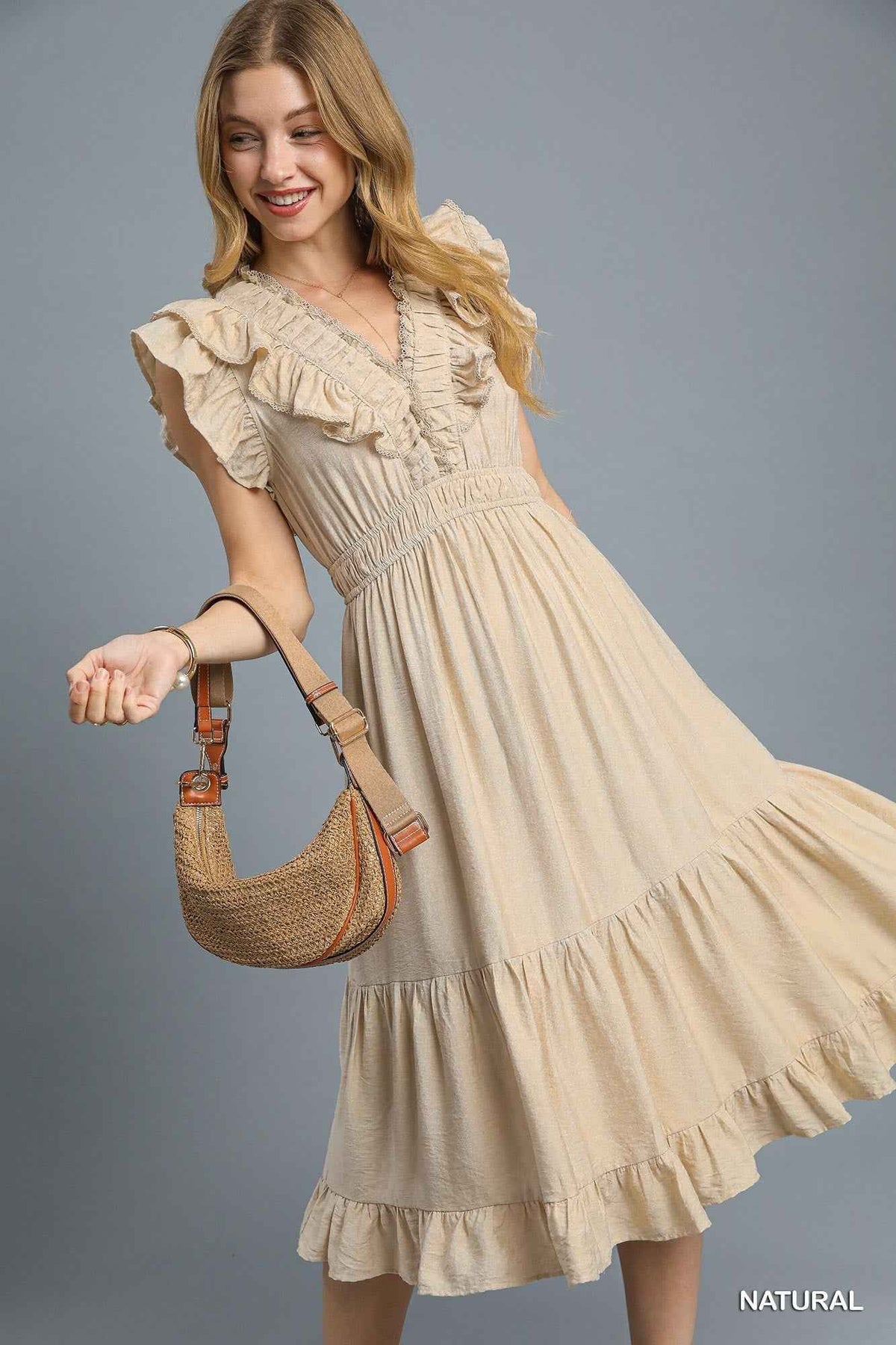 Taking Chances Ruffled Midi Dress - Natural